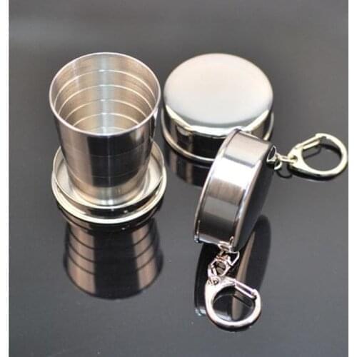 Folding Cup Stainless Steel Retractable Collapsible Cups Demountable Portable Outdoor Travel Supplies Keychain 65x48mm Silver