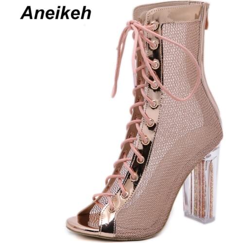 Aneikeh Women Lace-Up Ankle Boots Sandal Open Toe Botas Mujer Gladiator High Heels Booties Fashion Bling Transparent Chunky Heel