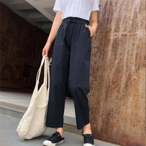 Womens Loose Pants With Pockets Fashion Ladies Elastic Waist Ankle-Length Pants Women Casual Solid Color Harem Pants