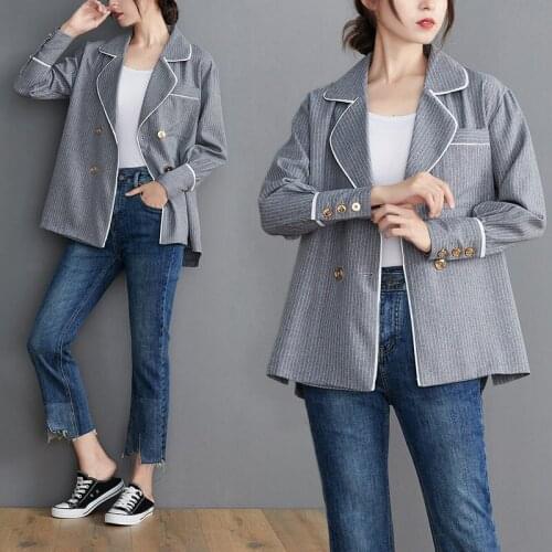 Blazer Jackets Womens Spring Autumn 2021 New Loose Big Size Retro Double-breasted Lady Casual Striped Chic Suit Jacket aq593