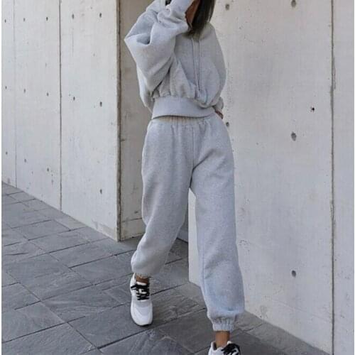 Sporty Fitness Hooded Two Piece Set Women Long Sleeve Crop Hoodies+Solid Long Pants Hoody Stretchy Female Outfits Street G2914