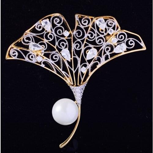 Zlxgirl Classic Gold cubic Zircon Ginkgo leaves brooches bouquet Dubai scarf pins jewelry Micro Paved Popular pearl accessory