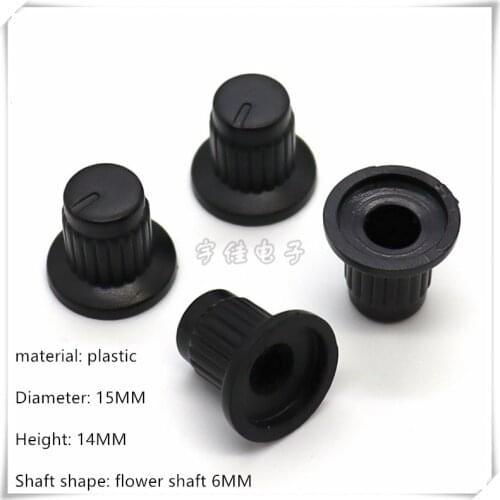 10 Piece 15×14MM hat type Black plastic knob cap potentiometer volume adjustment switch knob is suitable for flower shaft 6MM