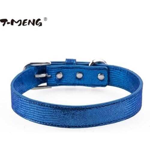 T-MENG Shining Blue Leather Dog Collar For Small Large Dogs Pet Collars Genuine Leather Luxury Pet Products For Animals Supplier