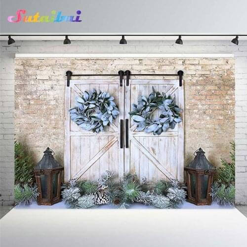 Photography Background Christmas Winter Snow Vintage Wood Door Wreath 1st Birthday Party Child Baby Photo Backdrop Photo Studio
