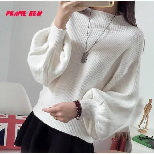 FRAME BEN 2019 Fashion Loose Bat Sweater Women Autumn Winter Elegant Solid Color Turtleneck Puff Sleeve Pullover Sweater