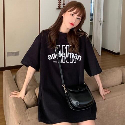 Summer college style letter embroidered half-sleeved mid-length loose cotton T-shirt simple and versatile casual women