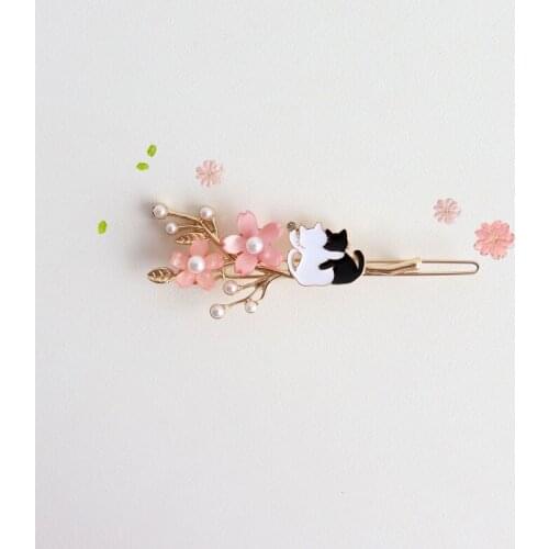 Cute Lovely Cat Hairpins For Women Fashion Jewelry 2021 New Mori Pink Flower Cherry Blossoms Branch Headwear Hair Accessories