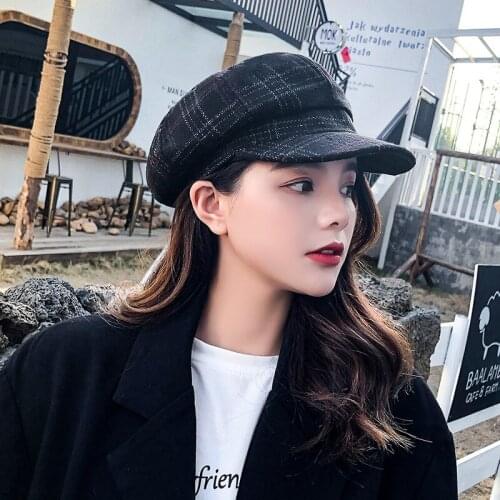 Fashion Retro Octagon Hat Women Autumn Winter Casual Wild Pumpkin Plaid Beret Cap Octagonal Cap Women Beret