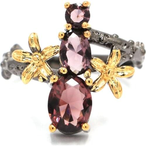 21x19mm Sublime Antique Vintage Purple Amethyst Flower Gift For Sister Black Gold Silver Rings