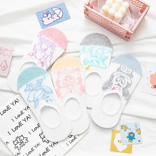5 pairs=10 peices women socks Sketch Cute Cartoon Animal short sock Non slip silicone Invisible socks Girl Ankle sock Size 35-40