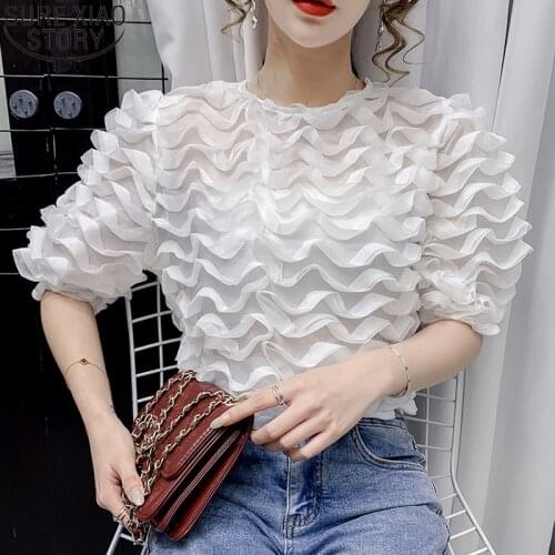 2021 New Summer Chiffon Shirts Women Blouse Niche Temperament Mesh Blouse Solid White Tops Round Collar Clothes Blusas 14464