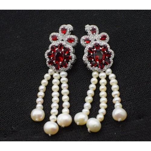 One pair freshwater pearl white near round red zircon flower hook earrings 50mm wholesale beads nature FPPJ