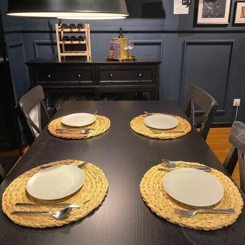 2 Pcs Woven Placemat,Natural Hyacinth Woven Placemat,Round Woven Rattan Table Mat, for Kitchen Party Wedding Decoration-ABUX