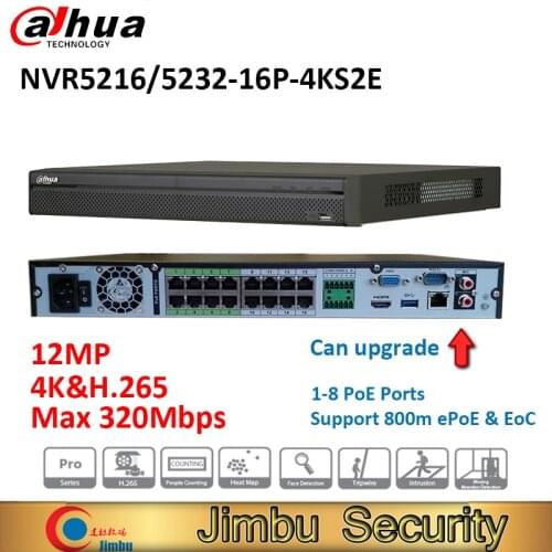 Dahua NVR NVR5216-16P-4KS2E NVR5232-16P-4KS2E heat map 16poe port 1-8 PoE Support 800m ePoE Up to 12MP people counting