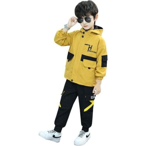 Kids boys track suit letters spell color printing hooded coat + pants 2pcs sets new spring / autumn big virgin suit