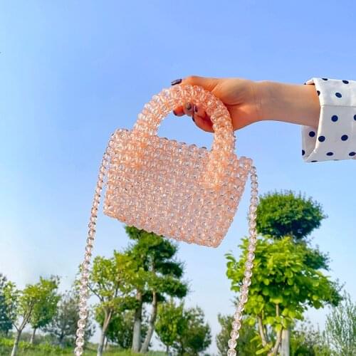 Handbag Girls Transparent Beach Bag Holiday Clear Colored Crystal Beaded Shoulder Bags Women New Handmade Beads Small Clutch