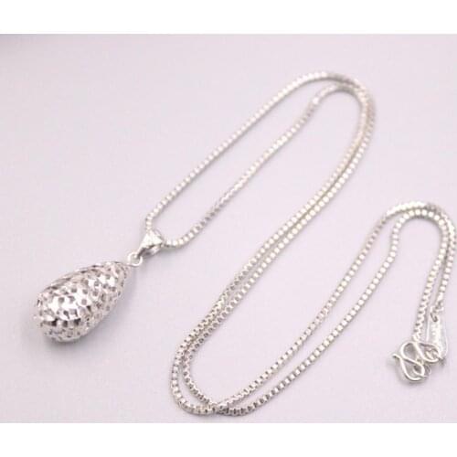 Solid Platinum 950 Necklace 1mm Box Link Chain 16"L 25x10mm Hollow Pattern Ball Pendant