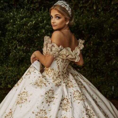 Vintage Boat Neck Gold Embroidery Dubai Saudi Arabic Ball Gown Wedding Dress Off The Shoulder Beading Crystal Satin Bridal Gown