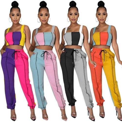 Women Spring Two Piece Set Casual Stripe Color Patchwork Strapless Tank Tops Legging Sweatpants Suit Outfit Activewear Tracking