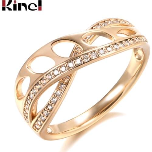 Kinel New Arrivals 585 Rose Gold Geometric Wave Ring Natural Zircon Finger Rings for Women Fashion Wedding Jewelry Crystal Gift