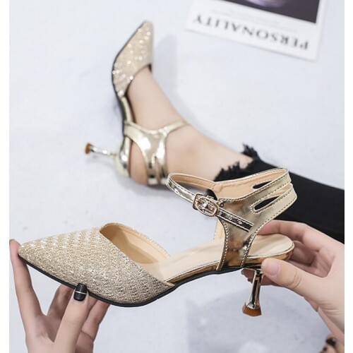 New Hot Selling Fashion Ladies Sexy Concise Elegant High Heels Female Pointed Toe Pumps Party Silver Ankle Strap Pumps U18-86