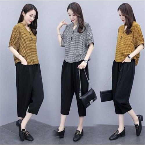 Summer Sporting Suit Woman 2020 New Loose Two Piece Sets Women plaid top +black pant Tracksuit Set Female Slim Tops&pants Suit