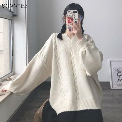 Sweaters Women Solid V-Neck Lantern Sleeve Sweet Student All-match Fashion Casual Autumn Korean Style Pullovers Ladies College