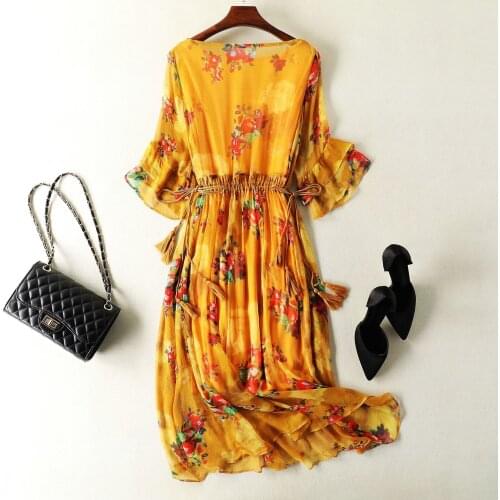 Dress Summer Women Real Silk Yellow Dresses Female Long Floral Vintage Vestidos Korean Beach Evening Party Dresses 099020