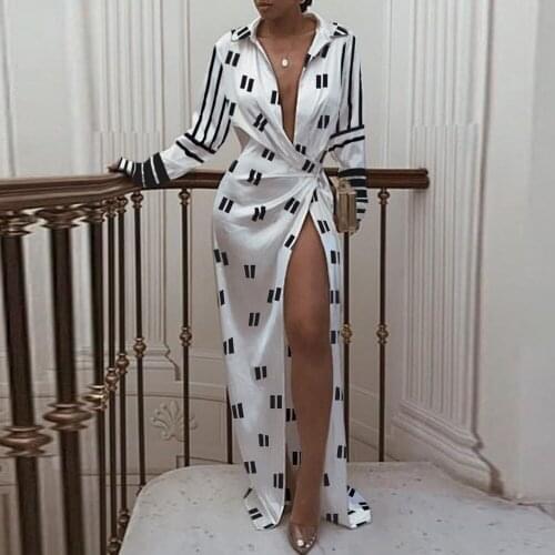 Elegant V Neck Sexy Long Sleeve High Slit Wrap Maxi Dress Women Autumn Striped Print Tunic Bandage Club Party Floor Length Dress