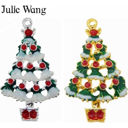 Julie Wang 1 Pack Alloy Enamel Christmas Tree Charms Gold Silver Color Pendant Earrings Necklace Jewelry Making Christmas Decor