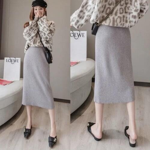 2021 Summer Cool Bodycon Midi Pencil Skirt 60-80cm womens Basic Plain Stretchy Ribbed Knit Split Skirts
