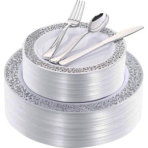 125pcs Silver Plastic Plates with Disposable Silverware, Elegant Lace Dinnerware Set for Weddings, Parties, for 25 Guests