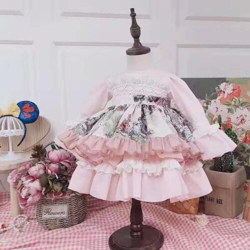 2PCS Autumn Winter Cute Long Sleeve Princess Party Dress For Chirldren Maid Apron Lolita Spain Dress For Bady Girls Ball Gown