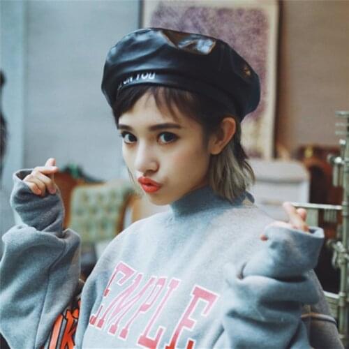 Black Red 2018 Felt Beret Women Pu Leather Beret Hat Spring Autumn Flat Cap Gorras Adjustable Retro Beanie hat Punk Jazz Style