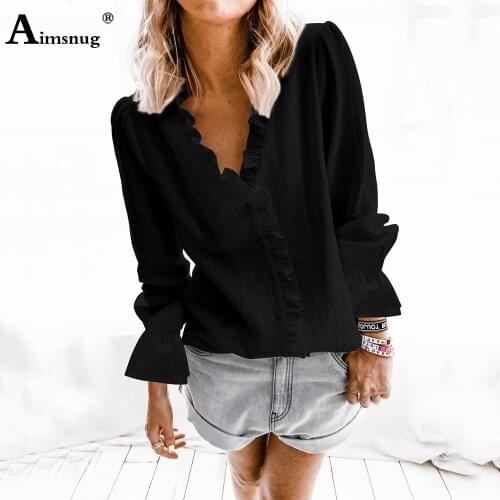 Aimsnug Women Elegant Leisure Shirt Ruffle V-neck Basic Top Female Linen Shirt 2021 Summer New Solid Casual Womens Jersey Mujer