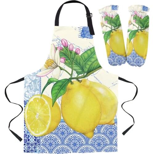 Blue And White Porcelain Texture Map Lemon Kitchen Apron Baking Accessories Sleeveless Aprons for Men Women Home Cleaning Tools