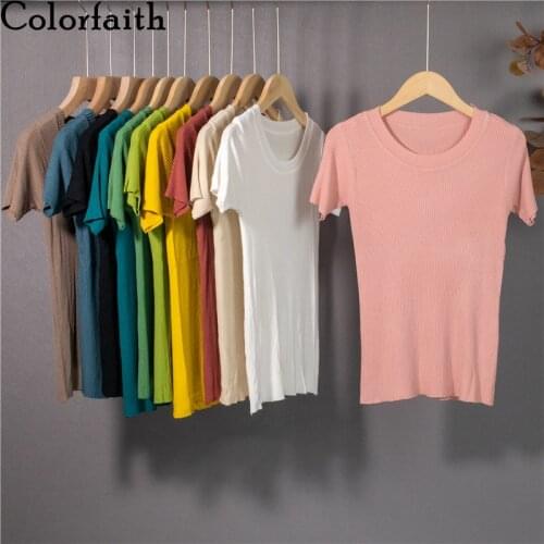 Colorfaith New 2021 Women Summer T-Shirt Bottoming Basic Solid Multi Color Elasticity Minimalist Style Wild Lady Short Top T1320