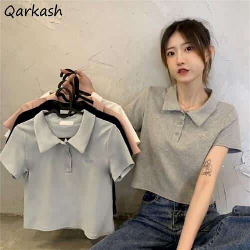 Short Sleeve T-shirts Women Hot Girls Summer Tees Korean Style Crop Tops Streetwear Various Colors Turn-down Collar Embroidery