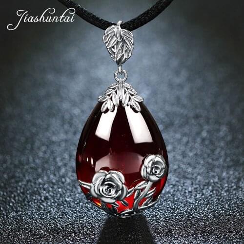 JIASHUNTAI Retro 100% 925 Silver Sterling Red Garnet Gemstone Rose Pendant Necklace Jewelry For Women Vintage