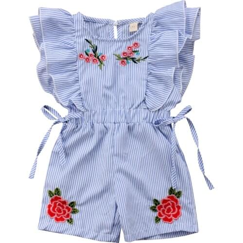 Cute Summer Toddler Baby Girl Romper Ruffle Sleeveless Elastic Waist Floral Print Striped Lace Up Playsuits Outfits for 1-5Y