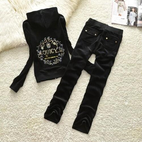 Fashion 2 Pieces Sets Hooded Zipper Top and Pants Elegant Velet Fabic Women Sweatshirt Jogger Pants S-2XL