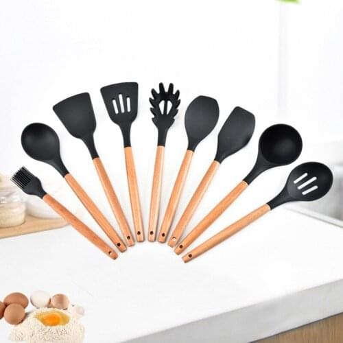 New 10PCS Wooden Utensils Set Storage Bucket Spatula Shovel Spoon Brush Noodles Scraper Silicone Kitchenware Cooking Tool Sets