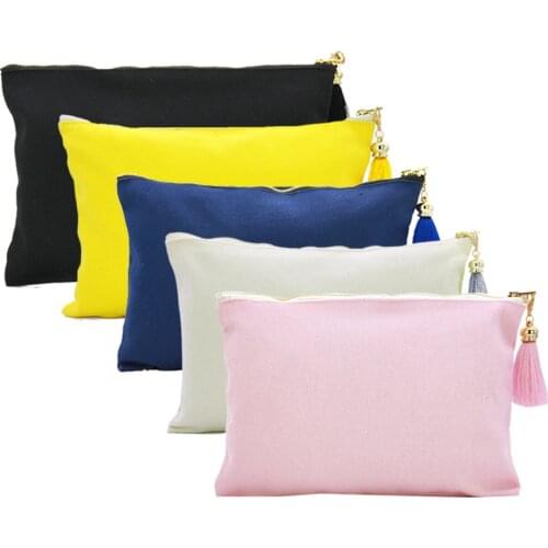 OIVEFEET, 5pcs 12oz Cotton Canvas Cosmetic Bag with Rayon Tassel Gold Zipper Makeup Pouch Women Clutch Handbag