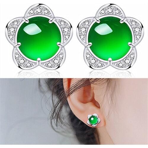 Classical flower green jade emerald gemstones zircon diamonds stud earrings for women white gold silver color jewelry bijoux