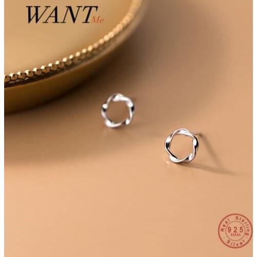 WANTME Genuine 925 Sterling Silver Chic Twist Wave Simple Round Small Stud Earrings for Fashion Women Teen Girl Party Jewelry