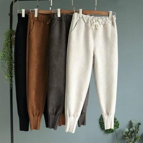 Women Faux Leather Suede Pant Autumn Winter Female Elastic Waist Warm Thick Faux Suede Harem Pant Women Casual Long Trousers New