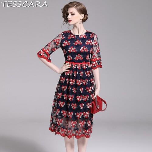 TESSCARA Women Summer Elegant Embroidery Mesh Dress Festa Female High Quality Vintage Designer Vestidos Party Red Robe Femme
