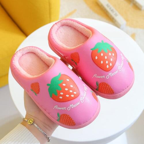 Winter Warm Children Cotton Slippers Pu Waterproof Vamp Non-Slip Soft Sole Fluffy Slippers Home Indoor Fruit Style Kids Shoes