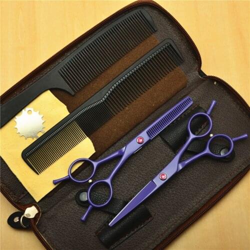 4Pcs/Set CUSTOMIZED LOGO 5.5'' Purple 440C Professional Human Hair Scissors Hairdressing Cutting Shears + Thinning + Comb C1012